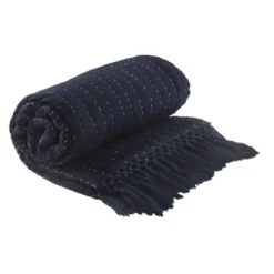 Blankets & Throws-Kirkland's Home Navy And Cream Stitch Fringe Throw Blue