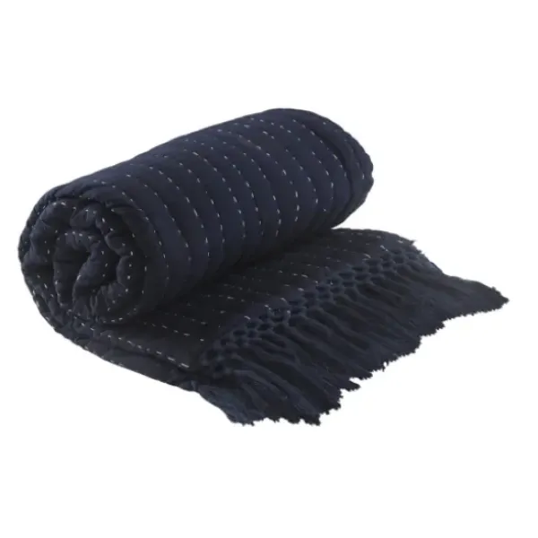 Blankets & Throws-Kirkland's Home Navy And Cream Stitch Fringe Throw Blue