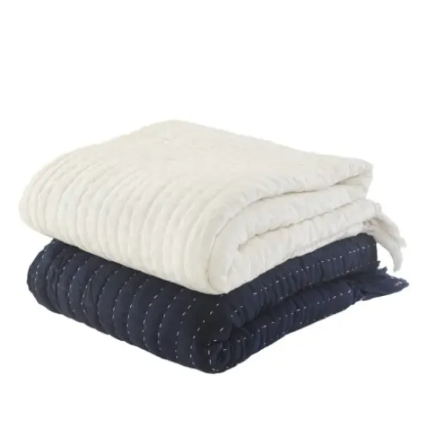 Blankets & Throws-Kirkland's Home Navy And Cream Stitch Fringe Throw Blue