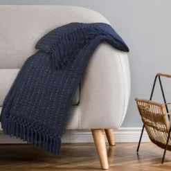Blankets & Throws-Kirkland's Home Navy And Cream Stitch Fringe Throw Blue