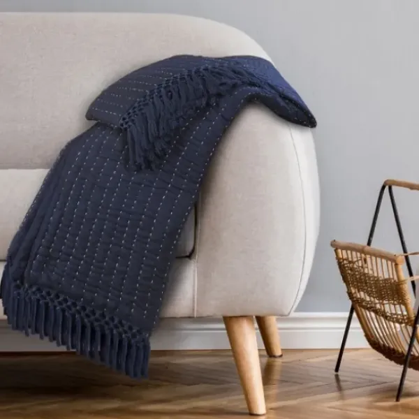 Blankets & Throws-Kirkland's Home Navy And Cream Stitch Fringe Throw Blue