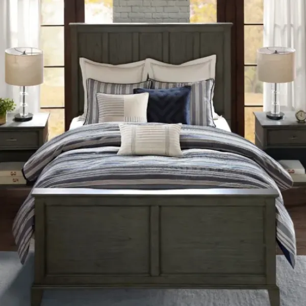 Comforters-Kirkland's Home Navy And Ivory Stripe 9-Pc. King Comforter Set Blue/White