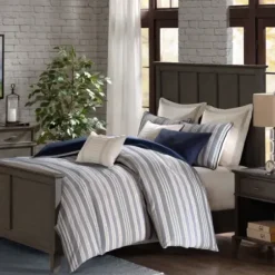 Comforters-Kirkland's Home Navy And Ivory Stripe 9-Pc. King Comforter Set Blue/White