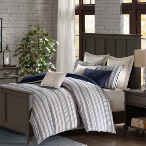 Comforters-Kirkland's Home Navy And Ivory Stripe 9-Pc. King Comforter Set Blue/White