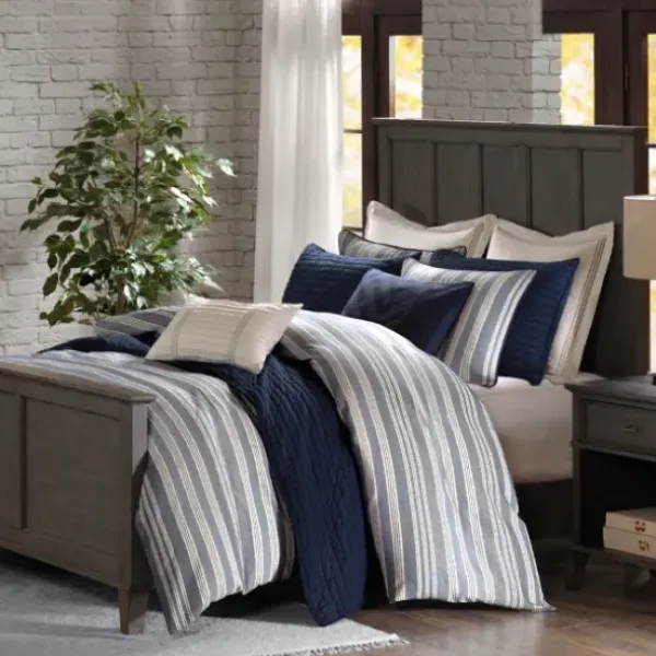 Comforters-Kirkland's Home Navy And Ivory Stripe 9-Pc. King Comforter Set Blue/White