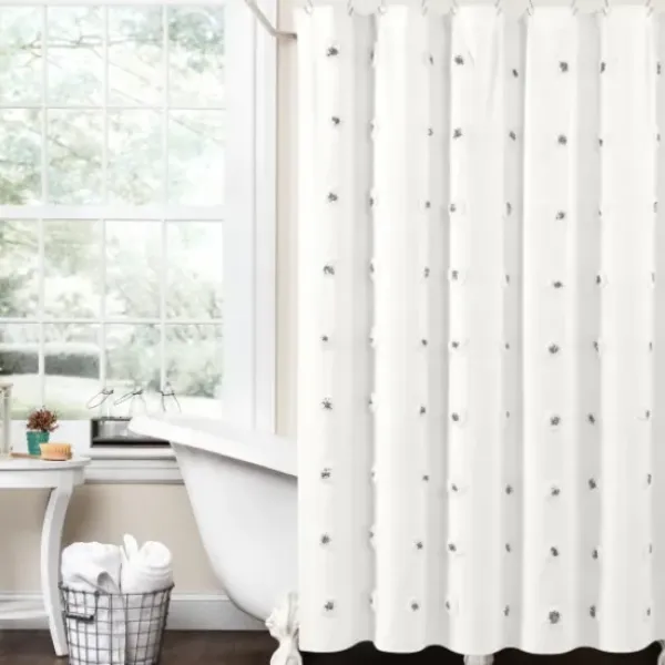Shower Curtains-Kirkland's Home Navy And White Button Accent Linen Shower Curtain Blue