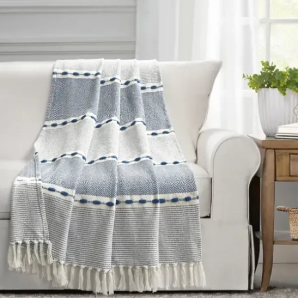 Blankets & Throws-Kirkland's Home Navy And White Herringbone Stripe Throw Blue/White