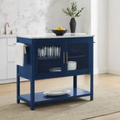 Kitchen Islands & Bar Carts-Kirkland's Home Navy And White Marble Top Kitchen Island Blue