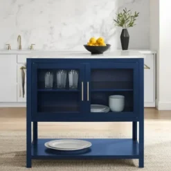 Kitchen Islands & Bar Carts-Kirkland's Home Navy And White Marble Top Kitchen Island Blue