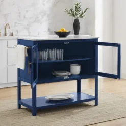 Kitchen Islands & Bar Carts-Kirkland's Home Navy And White Marble Top Kitchen Island Blue