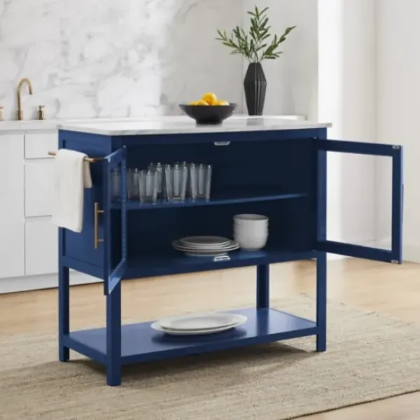 Kitchen Islands & Bar Carts-Kirkland's Home Navy And White Marble Top Kitchen Island Blue