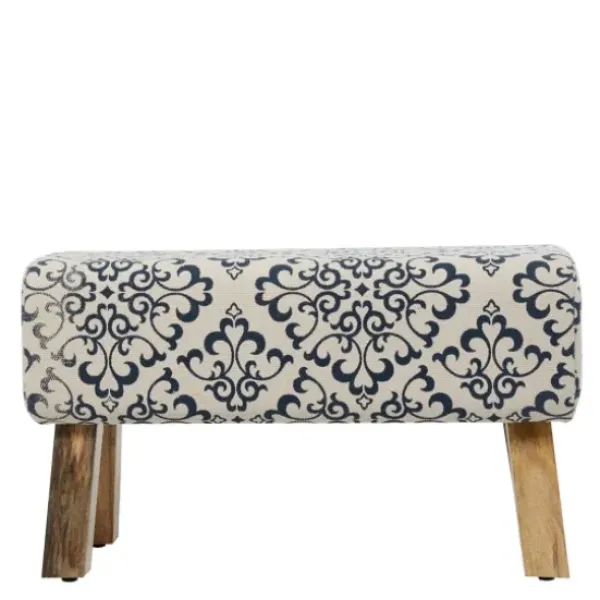 Benches & Ottomans-Kirkland's Home Navy And White Upholstered Scroll Bench Blue/White