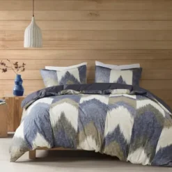 Comforters-Kirkland's Home Navy Broken Chevron 3-Pc. Full/Queen Comforter Set Blue/Gray