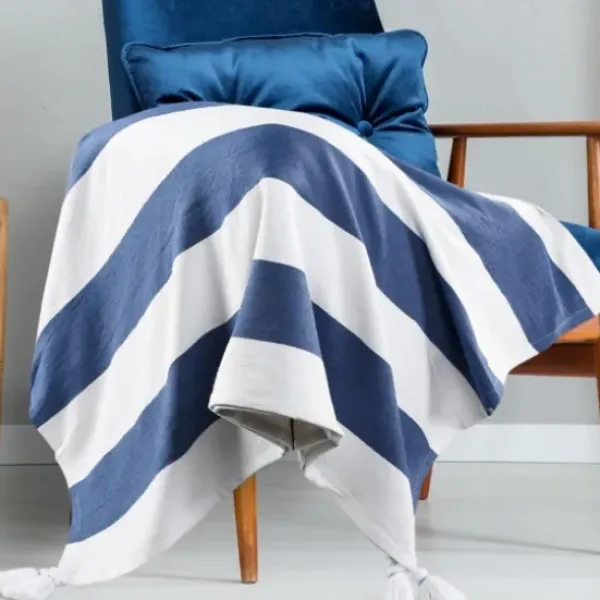 Blankets & Throws-Kirkland's Home Navy Cabana Stripe Tassel Throw Blue/White