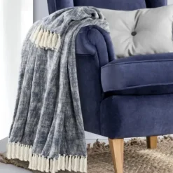 Blankets & Throws-Kirkland's Home Navy Chambray Fringe Throw Blue/White