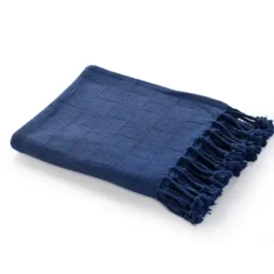Blankets & Throws-Kirkland's Home Navy Checkered Weave Fringe Throw Blue