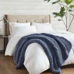Blankets & Throws-Kirkland's Home Navy Chunky Double Knit Cozy Throw Blue