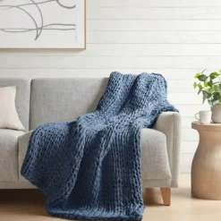 Blankets & Throws-Kirkland's Home Navy Chunky Double Knit Cozy Throw Blue