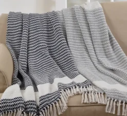 Blankets & Throws-Kirkland's Home Navy Diamond Weave Throw With Tassels Blue/White