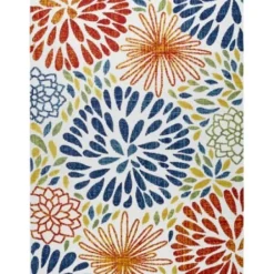 Outdoor Rugs-Kirkland's Home Navy Floral Burst Round Outdoor Area Rug, 7X7 Blue/White/Tan