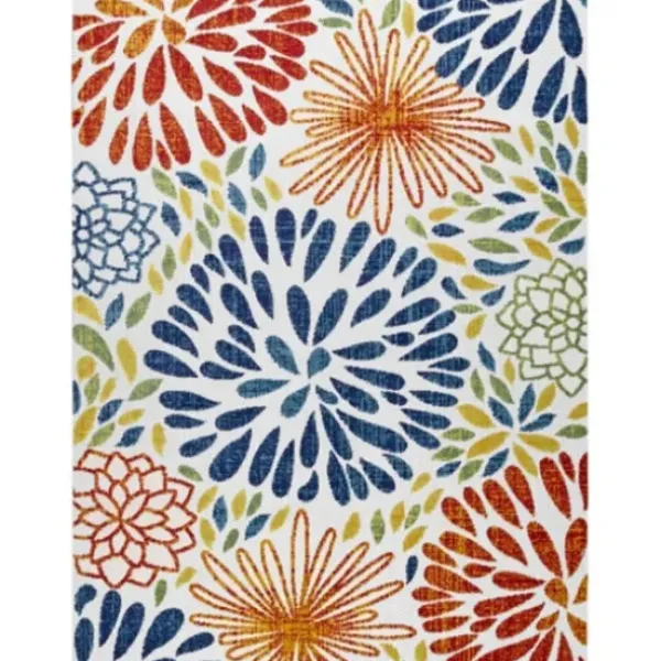 Outdoor Rugs-Kirkland's Home Navy Floral Burst Round Outdoor Area Rug, 7X7 Blue/White/Tan