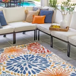 Outdoor Rugs-Kirkland's Home Navy Floral Burst Round Outdoor Area Rug, 7X7 Blue/White/Tan