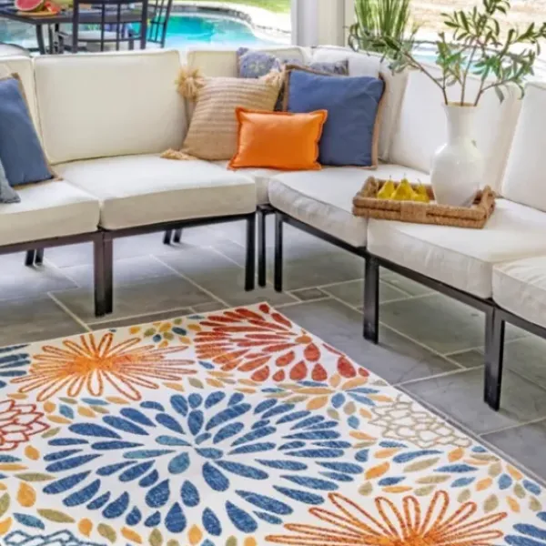 Outdoor Rugs-Kirkland's Home Navy Floral Burst Round Outdoor Area Rug, 7X7 Blue/White/Tan