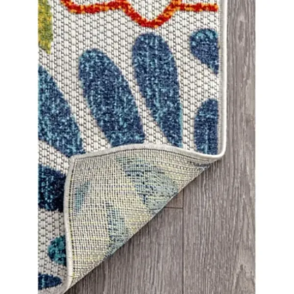 Outdoor Rugs-Kirkland's Home Navy Floral Burst Round Outdoor Area Rug, 7X7 Blue/White/Tan