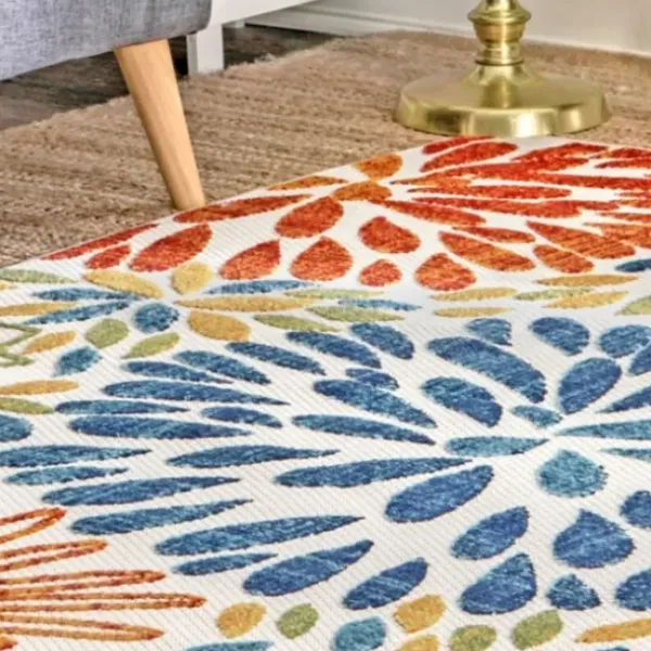 Outdoor Rugs-Kirkland's Home Navy Floral Burst Round Outdoor Area Rug, 7X7 Blue/White/Tan