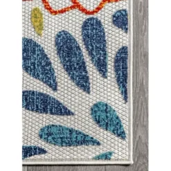 Outdoor Rugs-Kirkland's Home Navy Floral Burst Round Outdoor Area Rug, 7X7 Blue/White/Tan