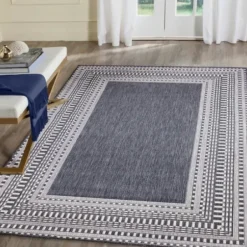 Outdoor Rugs-Kirkland's Home Navy Geo Lattice Outdoor Area Rug, 4X7 Blue