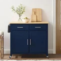 Kitchen Islands & Bar Carts-Kirkland's Home Navy Industrial Kitchen Cart Blue
