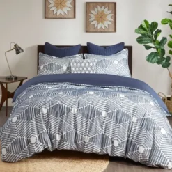 Comforters-Kirkland's Home Navy Jacquard 3-Pc. California King Comforter Set Blue/White