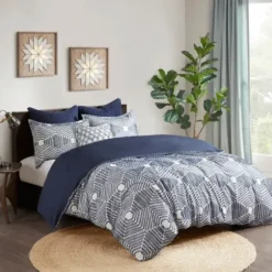 Comforters-Kirkland's Home Navy Jacquard 3-Pc. California King Comforter Set Blue/White