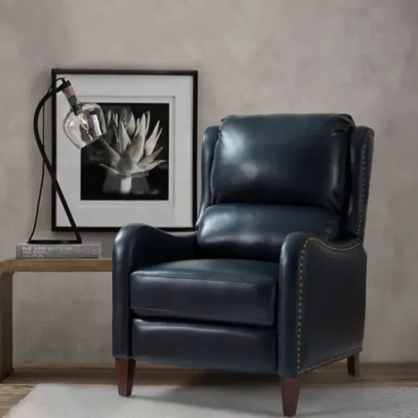 Accent Chairs-Kirkland's Home Navy Leather Nailhead Traditional Recliner Blue