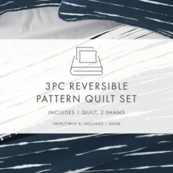 Quilts-Kirkland's Home Navy Linear Reversible 3-Pc. Queen Quilt Set Blue/White