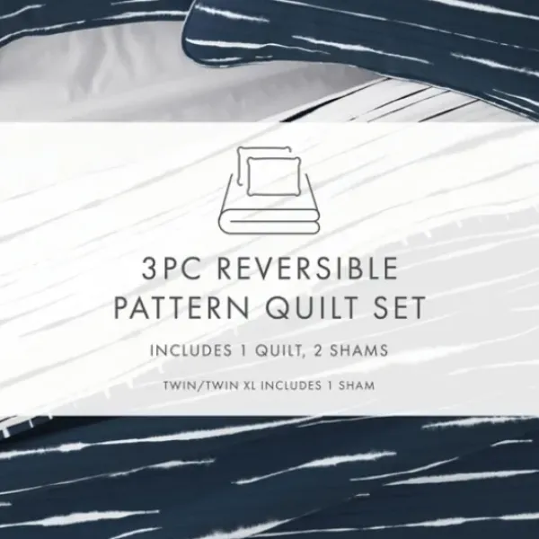 Quilts-Kirkland's Home Navy Linear Reversible 3-Pc. Queen Quilt Set Blue/White