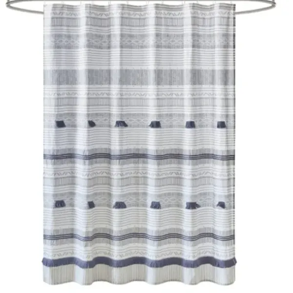 Shower Curtains-Kirkland's Home Navy Melora Tasseled Border Shower Curtain Blue/White