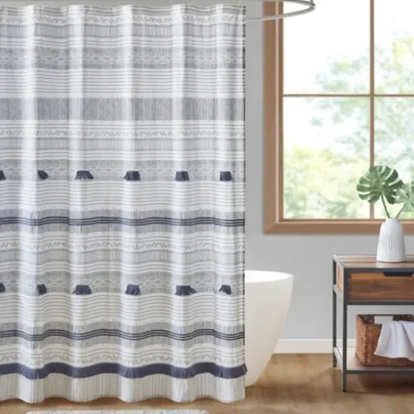 Shower Curtains-Kirkland's Home Navy Melora Tasseled Border Shower Curtain Blue/White