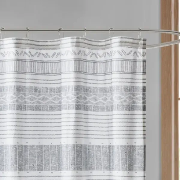 Shower Curtains-Kirkland's Home Navy Melora Tasseled Border Shower Curtain Blue/White