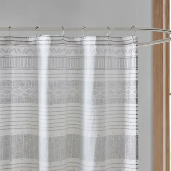 Shower Curtains-Kirkland's Home Navy Melora Tasseled Border Shower Curtain Blue/White