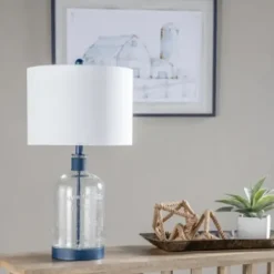 Table Lamps-Kirkland's Home Navy Metal And Glass Jar Table Lamp White