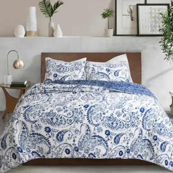 Quilts-Kirkland's Home Navy Paisley 3-Pc. Full/Queen Reversible Quilt Set Blue
