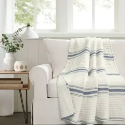 Blankets & Throws-Kirkland's Home Navy Pick Stitch Stripe Decorative Throw Blue/White