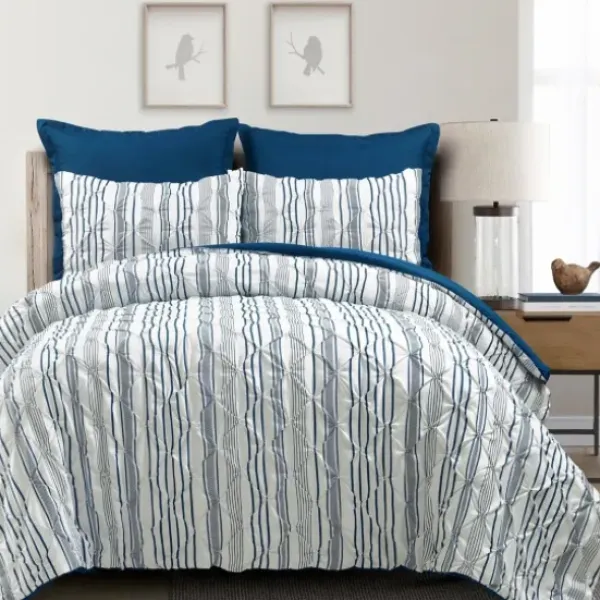 Comforters-Kirkland's Home Navy Pintuck Stripe Full/Queen 5-Pc. Comforter Set Blue/White