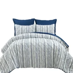 Comforters-Kirkland's Home Navy Pintuck Stripe Full/Queen 5-Pc. Comforter Set Blue/White