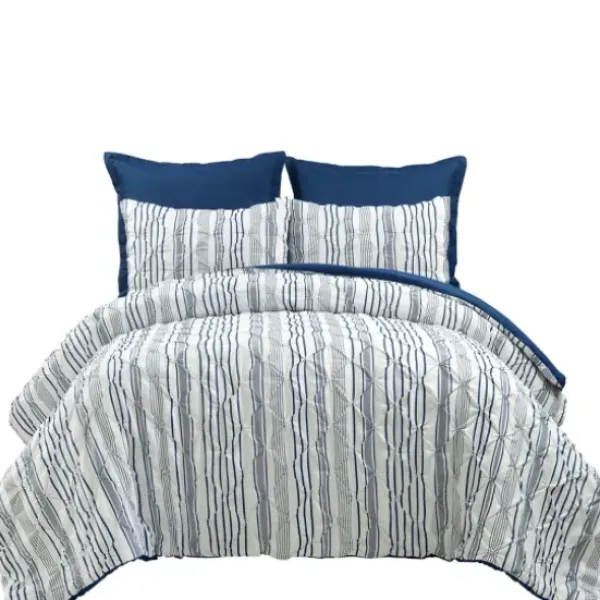 Comforters-Kirkland's Home Navy Pintuck Stripe Full/Queen 5-Pc. Comforter Set Blue/White