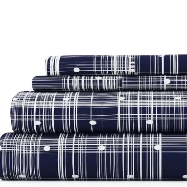 Bed Sheets-Kirkland's Home Navy Plaid Polka Dot 3-Pc. Twin Sheet Set Blue