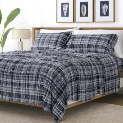 Bed Sheets-Kirkland's Home Navy Plaid Polka Dot 3-Pc. Twin Sheet Set Blue