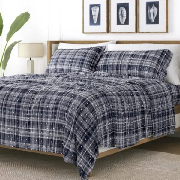 Bed Sheets-Kirkland's Home Navy Plaid Polka Dot 3-Pc. Twin Sheet Set Blue